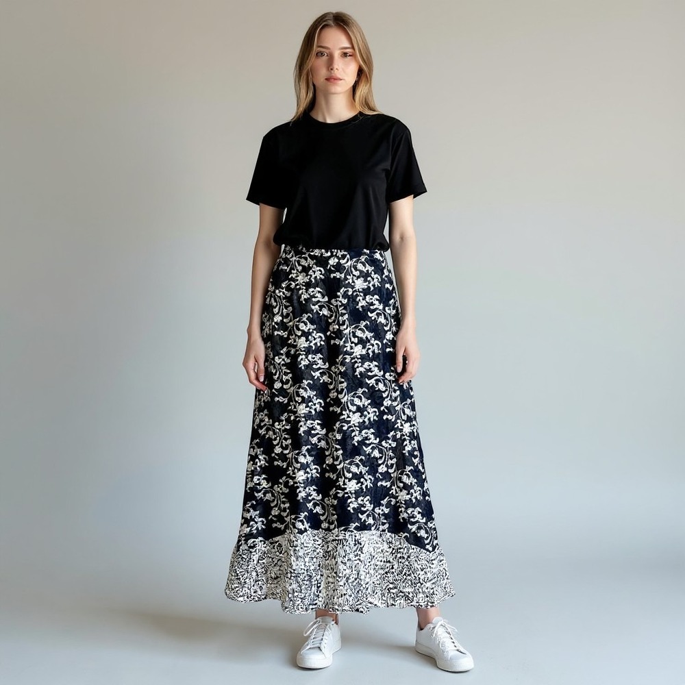 Chico's Maxi Skirt Women Boho L Black Cream Whimsigoth Damask Floral Ruffle Hem